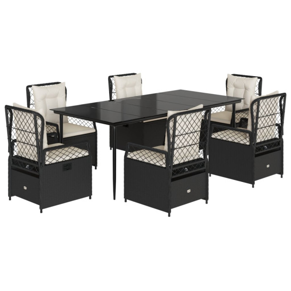 7 pcs conjunto de jantar p/ jardim c/ almofadões vime PE preto M 2