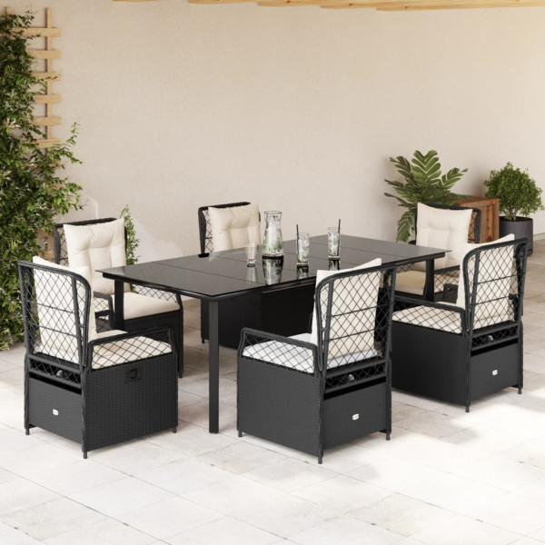 Set de comedor de jardín 7 pzas y cojines ratán sintético negro D