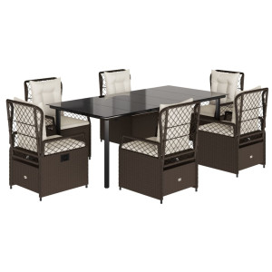 Set comedor de jardín 7 pzas con cojines ratán sintético marrón H