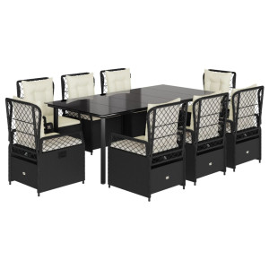 Set de comedor de jardín 9 pzas y cojines ratán sintético negro H