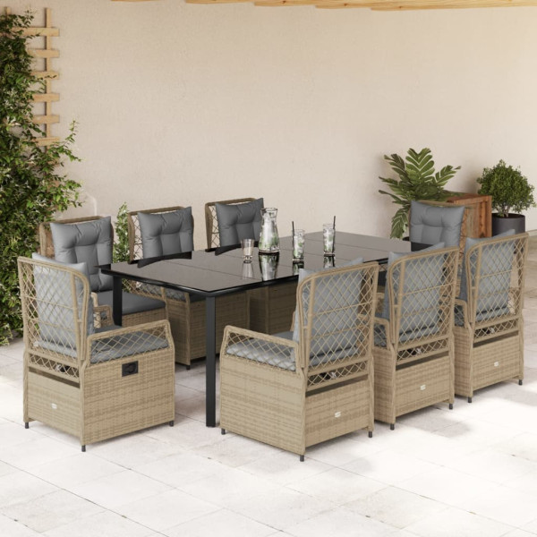 Set comedor de jardín 9 pzas con cojines ratán sintético beige D
