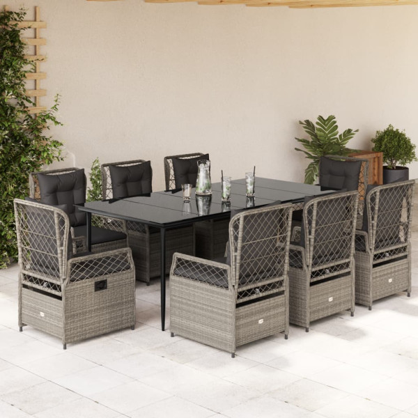 Set comedor de jardín 9 pzas cojines ratán sintético gris claro D