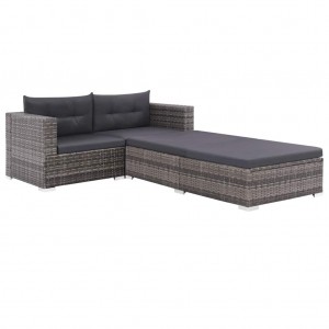 3 pcs conjunto lounge de jardim c/ almofadões vime PE cinzento H