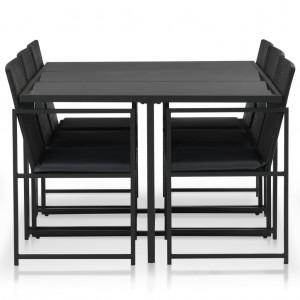 7 pcs conjunto jantar exterior com almofadões vime PE preto H