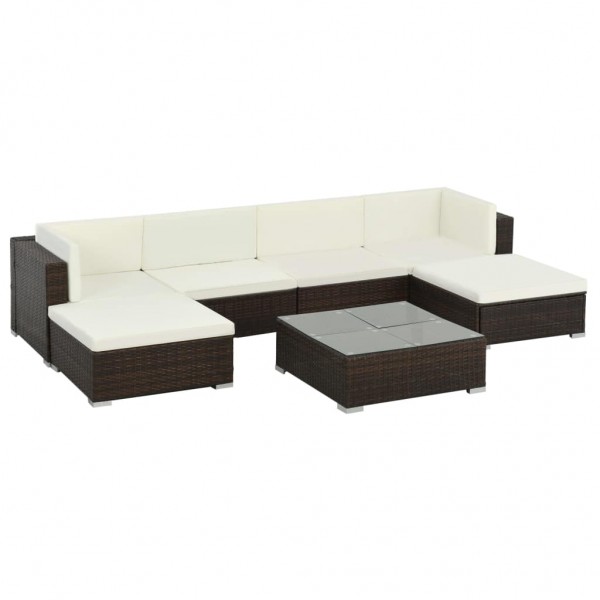 Set muebles de jardín 7 piezas y cojines ratán sintético marrón D