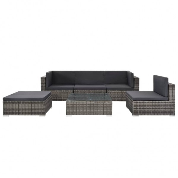 Set de muebles de jardín 6 pzas y cojines ratán sintético gris M 2