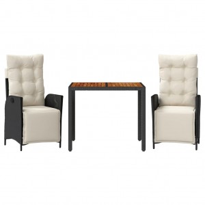 3 pcs conjunto de jantar p/ jardim c/ almofadões vime PE preto H