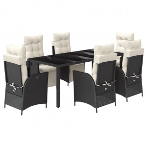 7 pcs conjunto de jantar p/ jardim c/ almofadões vime PE preto H