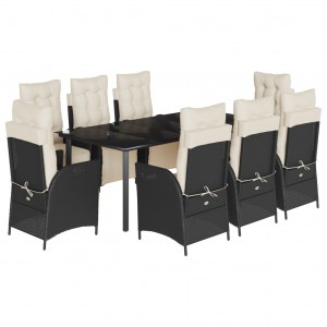 9 pcs conjunto de jantar p/ jardim c/ almofadões vime PE preto H