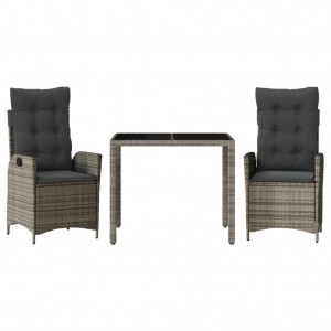 3 pcs conjunto de jantar p/ jardim c/ almofadões vime PE cinza H