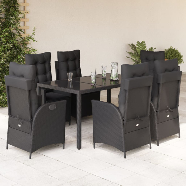 7 pcs conjunto de jantar p/ jardim c/ almofadões vime PE preto D