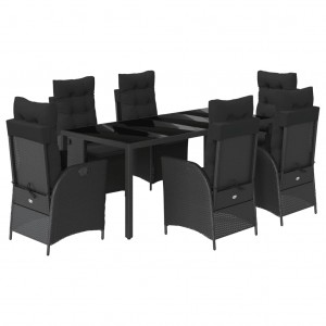 7 pcs conjunto de jantar p/ jardim c/ almofadões vime PE preto H