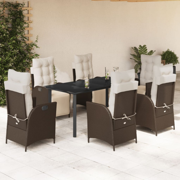 Set comedor de jardín 7 pzas con cojines ratán sintético marrón D