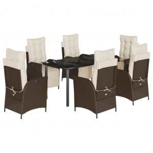 7 pcs conjunto jantar p/ jardim c/ almofadões vime PE castanho H