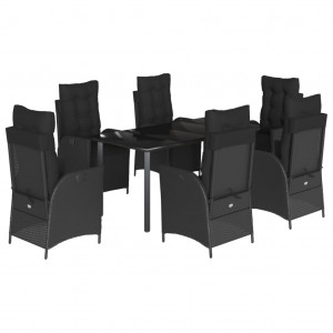 7 pcs conjunto de jantar p/ jardim c/ almofadões vime PE preto H