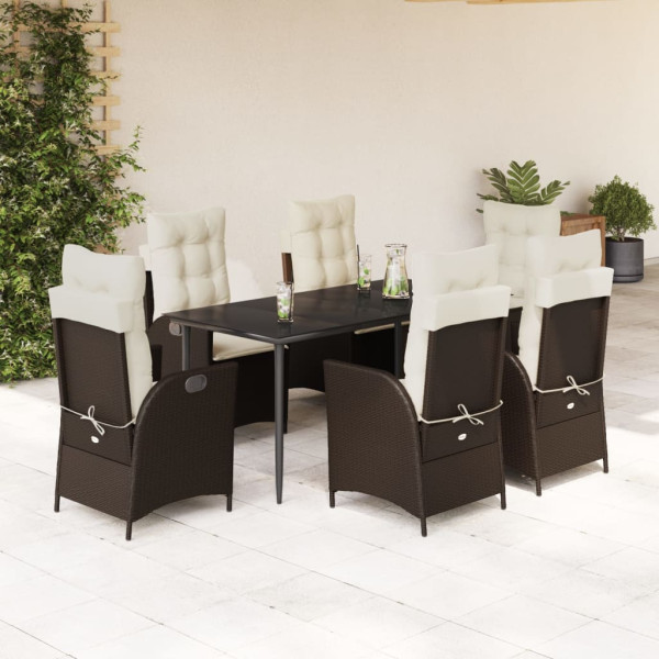 Set comedor de jardín 7 pzas con cojines ratán sintético marrón D