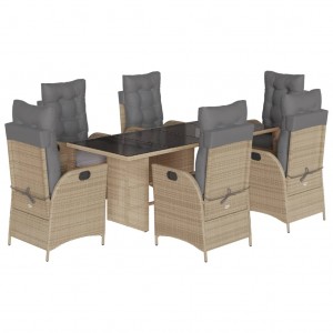 7 pcs conj. jantar jardim c/ almofadões vime PE bege misturado H
