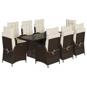 9 pcs conjunto jantar p/ jardim c/ almofadões vime PE castanho H