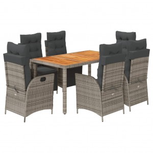 7 pcs conjunto de jantar p/ jardim c/ almofadões vime PE cinza H