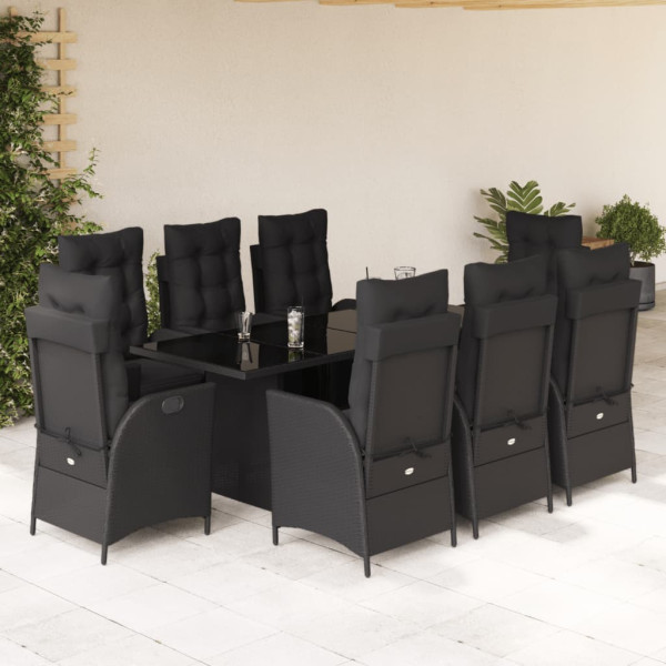 9 pcs conjunto de jantar p/ jardim c/ almofadões vime PE preto D