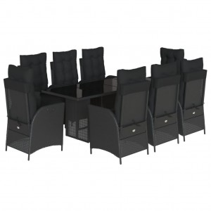 9 pcs conjunto de jantar p/ jardim c/ almofadões vime PE preto H