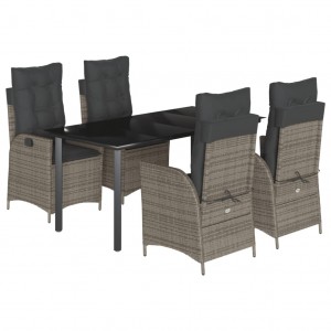 5 pcs conjunto de jantar p/ jardim c/ almofadões vime PE cinza H