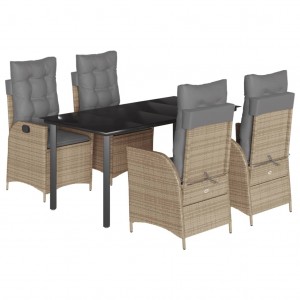 5 pcs conjunto de jantar p/ jardim com almofadões vime PE bege H