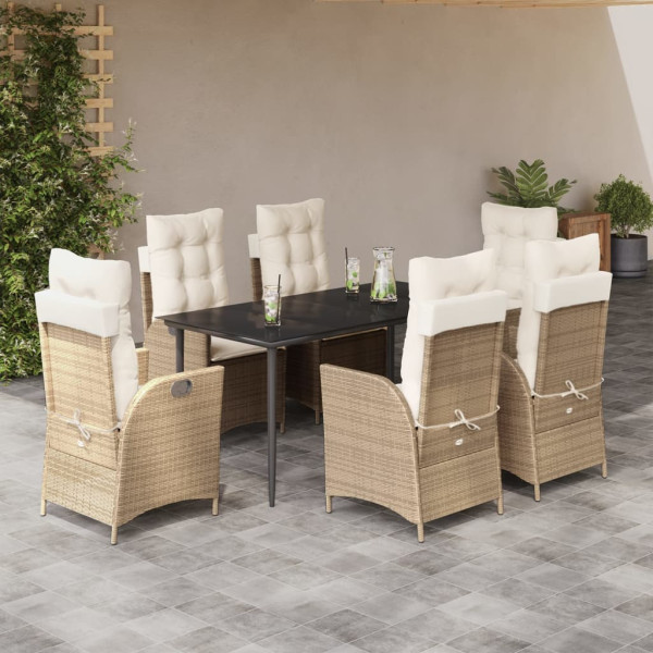 7 pcs conjunto de jantar p/ jardim com almofadões vime PE bege D