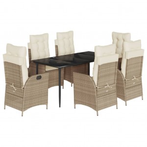 7 pcs conjunto de jantar p/ jardim com almofadões vime PE bege H