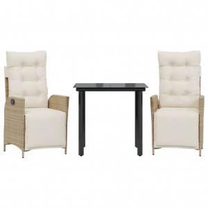 3 pcs conjunto de jantar p/ jardim com almofadões vime PE bege H