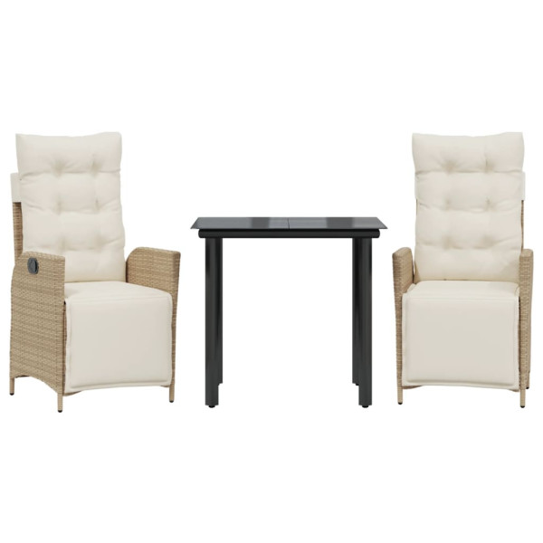 3 pcs conjunto de jantar p/ jardim com almofadões vime PE bege M 2