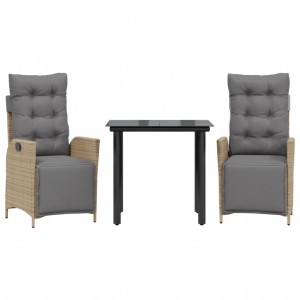 3 pcs conj. jantar jardim c/ almofadões vime PE bege misturado H