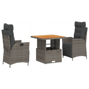 3 pcs conjunto de jantar p/ jardim c/ almofadões vime PE cinza H