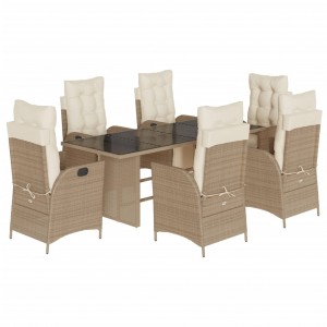 7 pcs conjunto de jantar p/ jardim com almofadões vime PE bege H