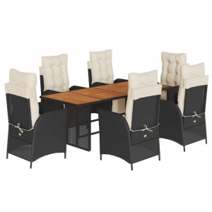 7 pcs conjunto de jantar p/ jardim c/ almofadões vime PE preto H