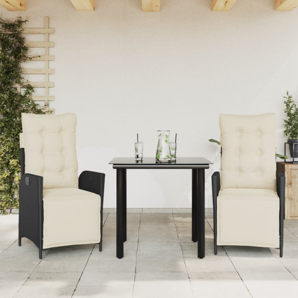 Set comedor de jardín 3 pzas con cojines ratán sintético negro D