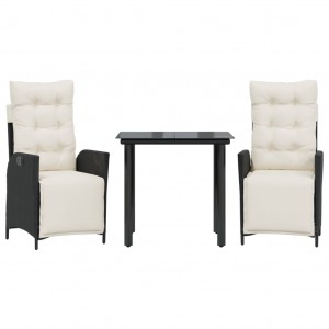 3 pcs conjunto de jantar p/ jardim c/ almofadões vime PE preto H