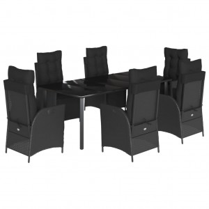 7 pcs conjunto de jantar p/ jardim c/ almofadões vime PE preto H