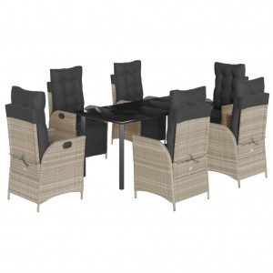 7 pcs conj. jantar p/ jardim c/ almofadões vime PE cinza-claro H
