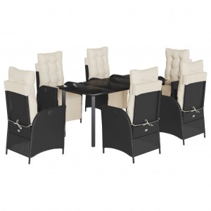 7 pcs conjunto de jantar p/ jardim c/ almofadões vime PE preto H