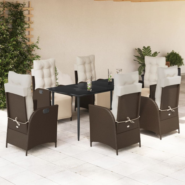 Set comedor de jardín 7 pzas con cojines ratán sintético marrón D