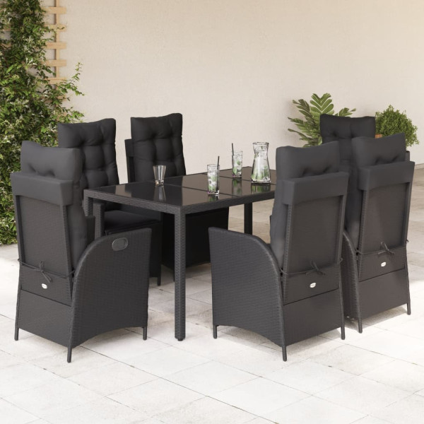 7 pcs conjunto de jantar p/ jardim c/ almofadões vime PE preto D
