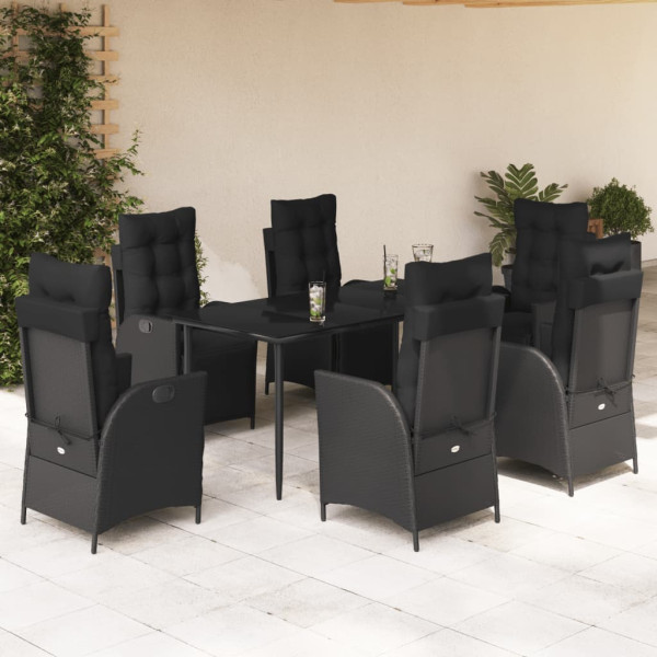 7 pcs conjunto de jantar p/ jardim c/ almofadões vime PE preto D