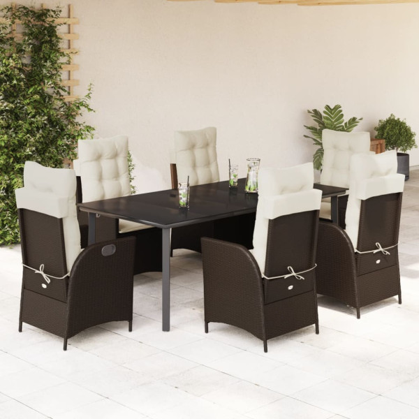 7 pcs conjunto jantar p/ jardim c/ almofadões vime PE castanho D