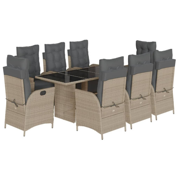 Set comedor de jardín 9 pzas cojines ratán sintético gris claro M 2