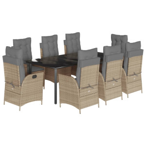 Set comedor de jardín 9 pzas con cojines ratán sintético beige H
