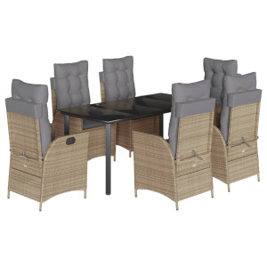 7 pcs conjunto de jantar p/ jardim com almofadões vime PE bege H