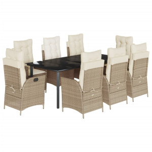 9 pcs conjunto de jantar p/ jardim com almofadões vime PE bege H