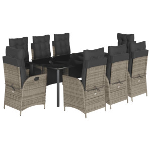 9 pcs conjunto de jantar p/ jardim c/ almofadões vime PE cinza H