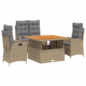 4 pcs conjunto de jantar p/ jardim c/ almofadões vime PE bege H